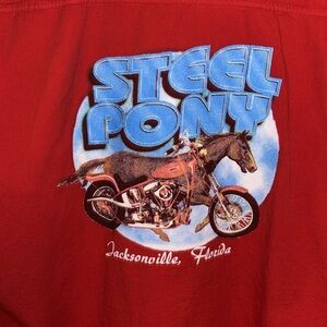Biker Design Steel Pony Saloon button down sleeveless shirt. Sz XL.